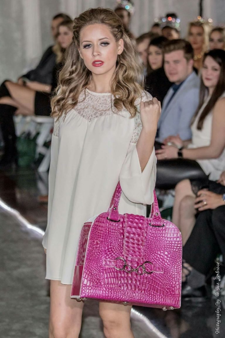 Beau Satchelle Alligator Leather Tote In fuchsia and pearl at RAINN Fashion on Common Ground January 2017